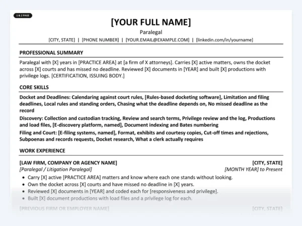 Paralegal resume template, one page, ATS-friendly layout