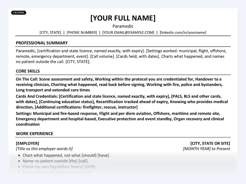 Paramedic resume template, one page, ATS-friendly layout