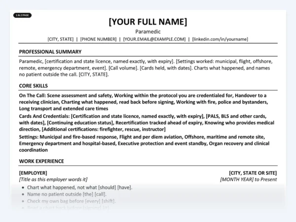 Paramedic resume template, one page, ATS-friendly layout