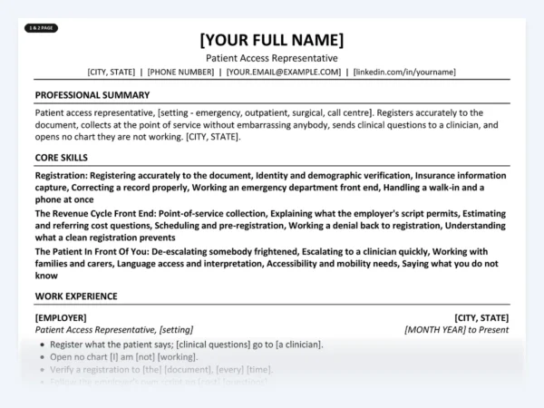 Patient Access Representative resume template, one page, ATS-friendly layout