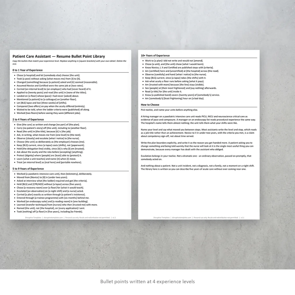 Patient Care Assistant resume bullet points written at four experience levels