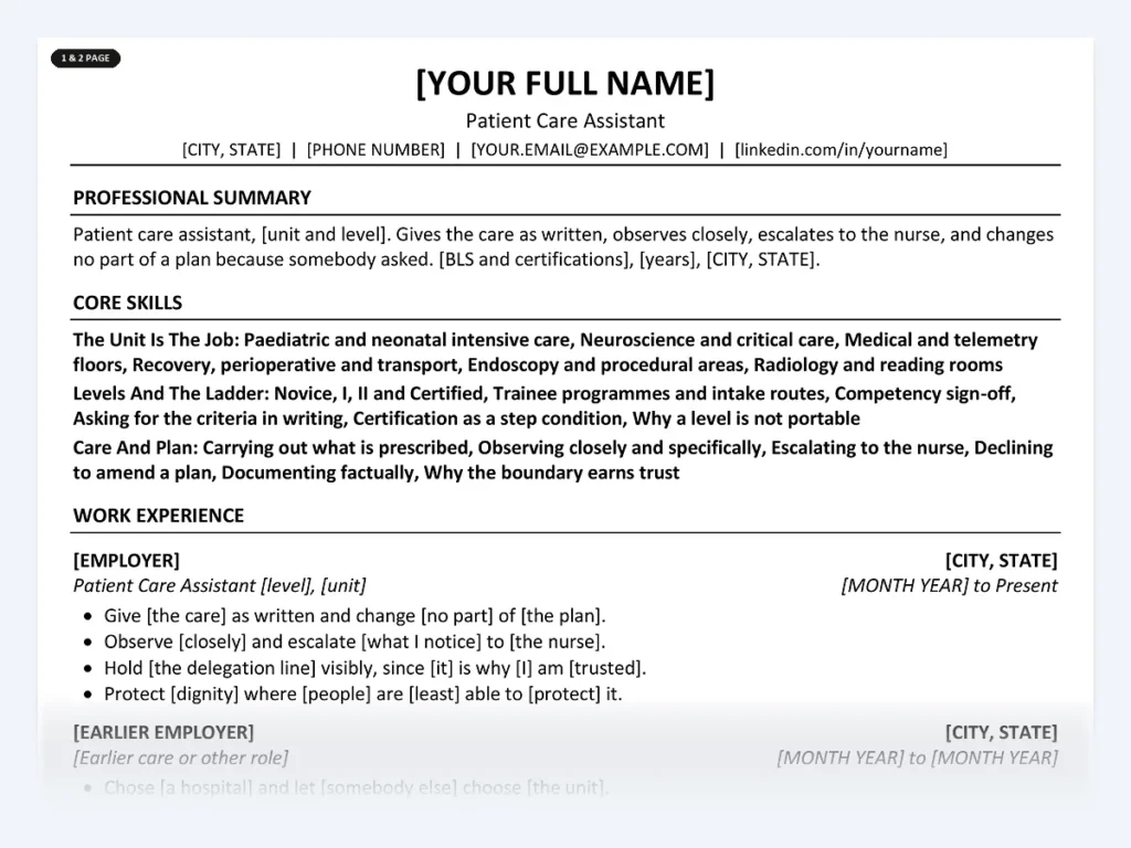 Patient Care Assistant resume template, one page, ATS-friendly layout