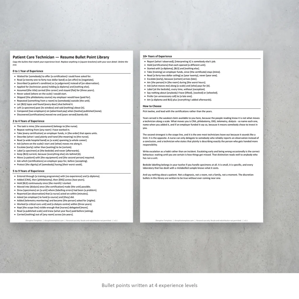 Patient Care Technician resume bullet points written at four experience levels