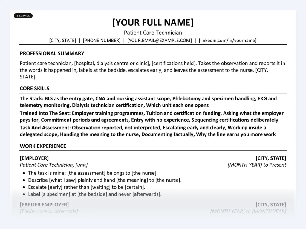 Patient Care Technician resume template, one page, ATS-friendly layout