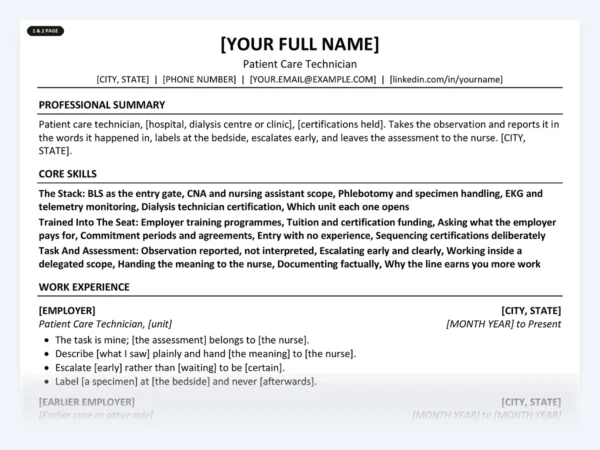 Patient Care Technician resume template, one page, ATS-friendly layout