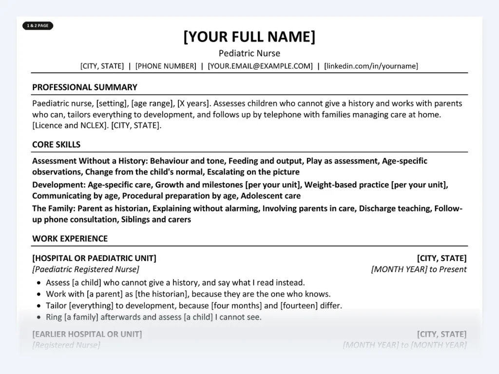 Pediatric Nurse resume template, one page, ATS-friendly layout
