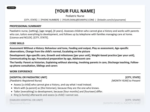 Pediatric Nurse resume template, one page, ATS-friendly layout