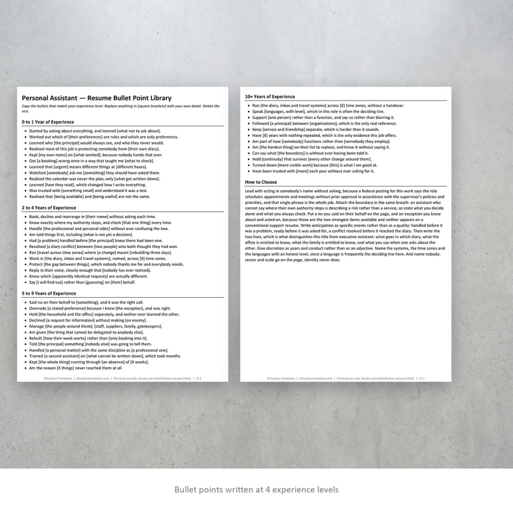 Personal Assistant resume bullet points written at four experience levels