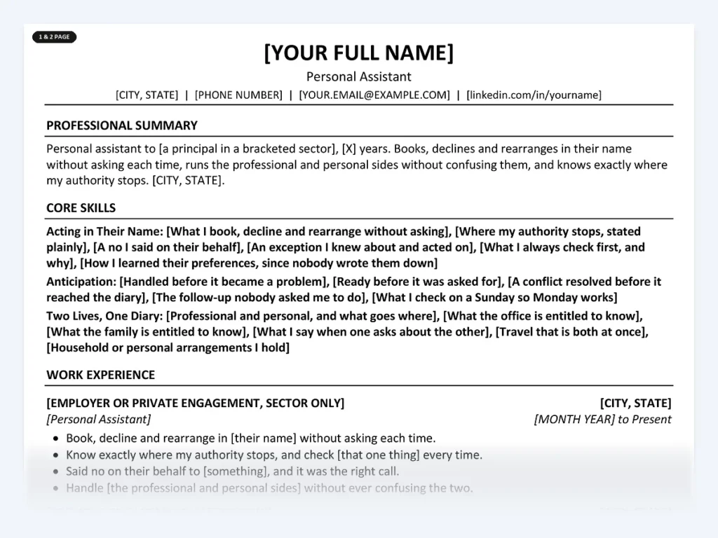 Personal Assistant resume template, one page, ATS-friendly layout