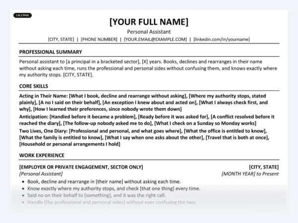 Personal Assistant resume template, one page, ATS-friendly layout