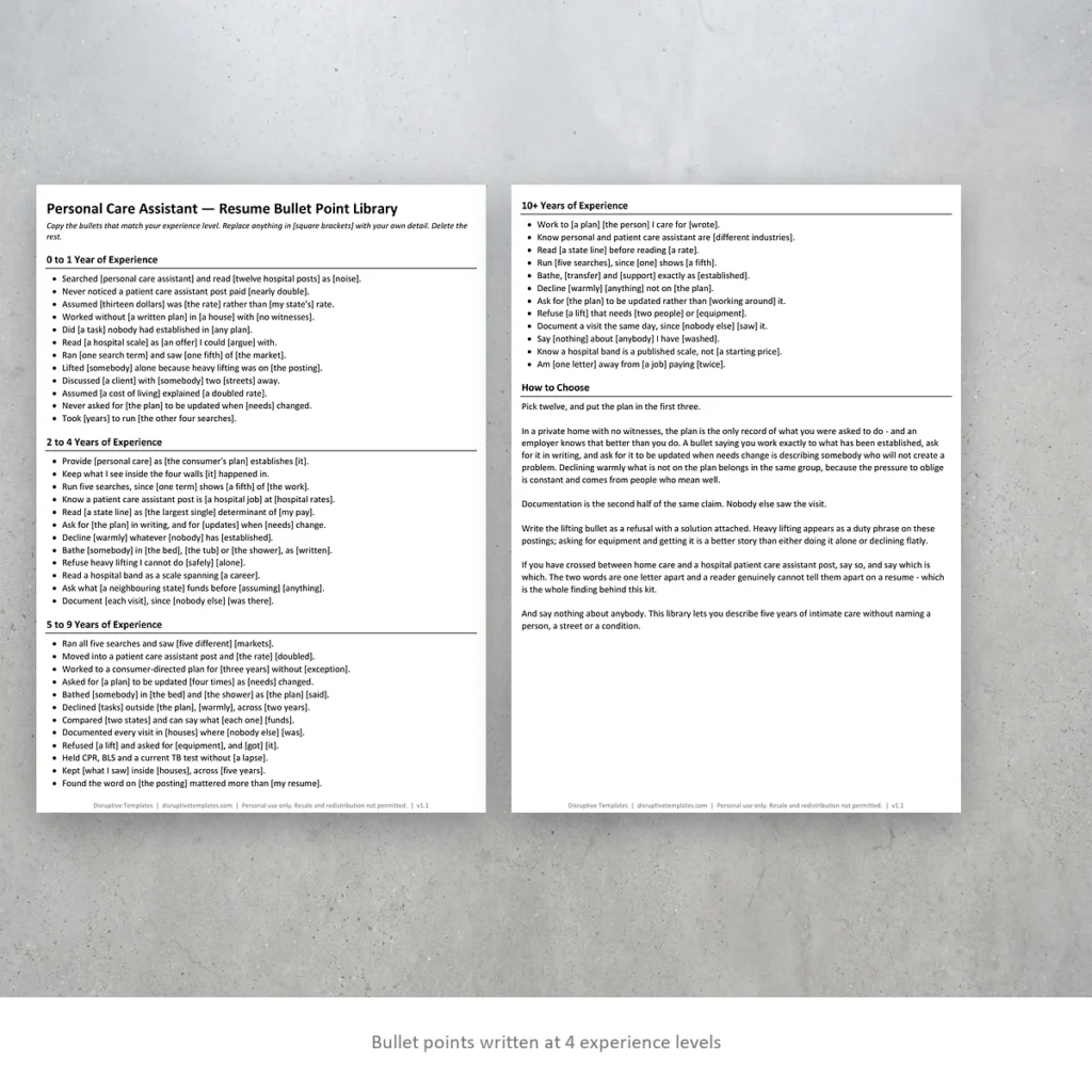 Personal Care Assistant resume bullet points written at four experience levels