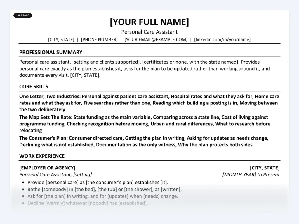 Personal Care Assistant resume template, one page, ATS-friendly layout