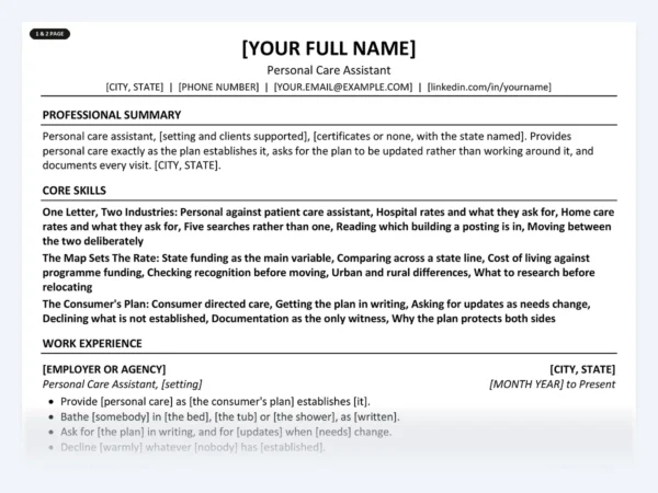 Personal Care Assistant resume template, one page, ATS-friendly layout