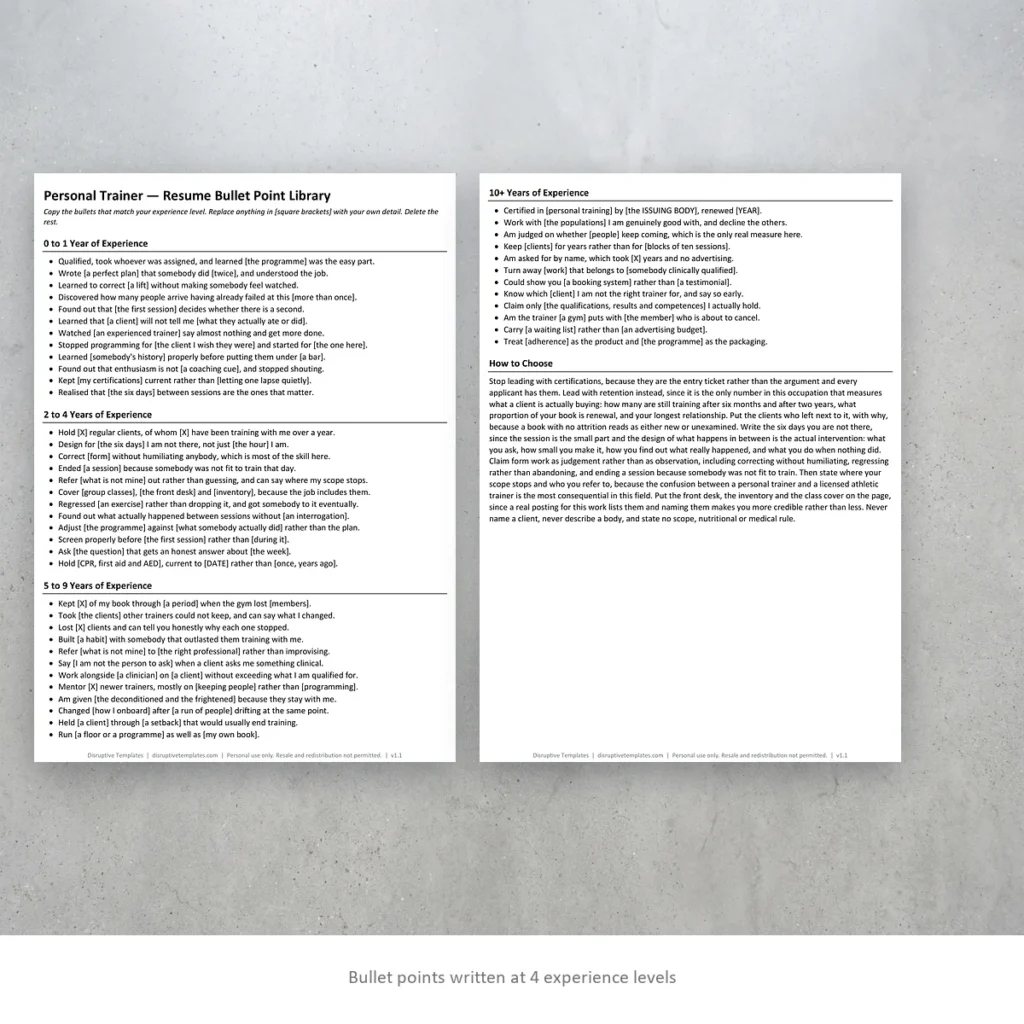 Personal Trainer resume bullet points written at four experience levels