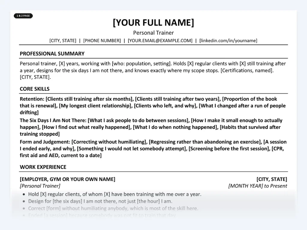 Personal Trainer resume template, one page, ATS-friendly layout
