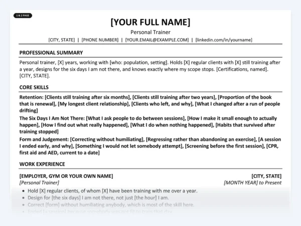 Personal Trainer resume template, one page, ATS-friendly layout