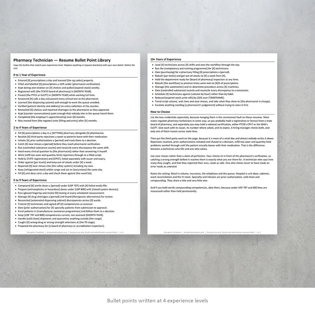 Pharmacy Technician resume bullet points written at four experience levels