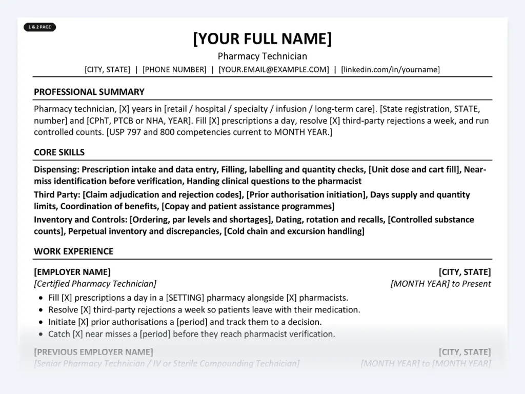 Pharmacy Technician resume template, one page, ATS-friendly layout