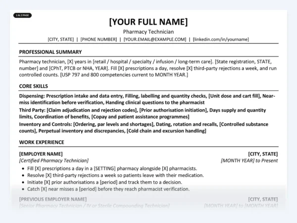 Pharmacy Technician resume template, one page, ATS-friendly layout