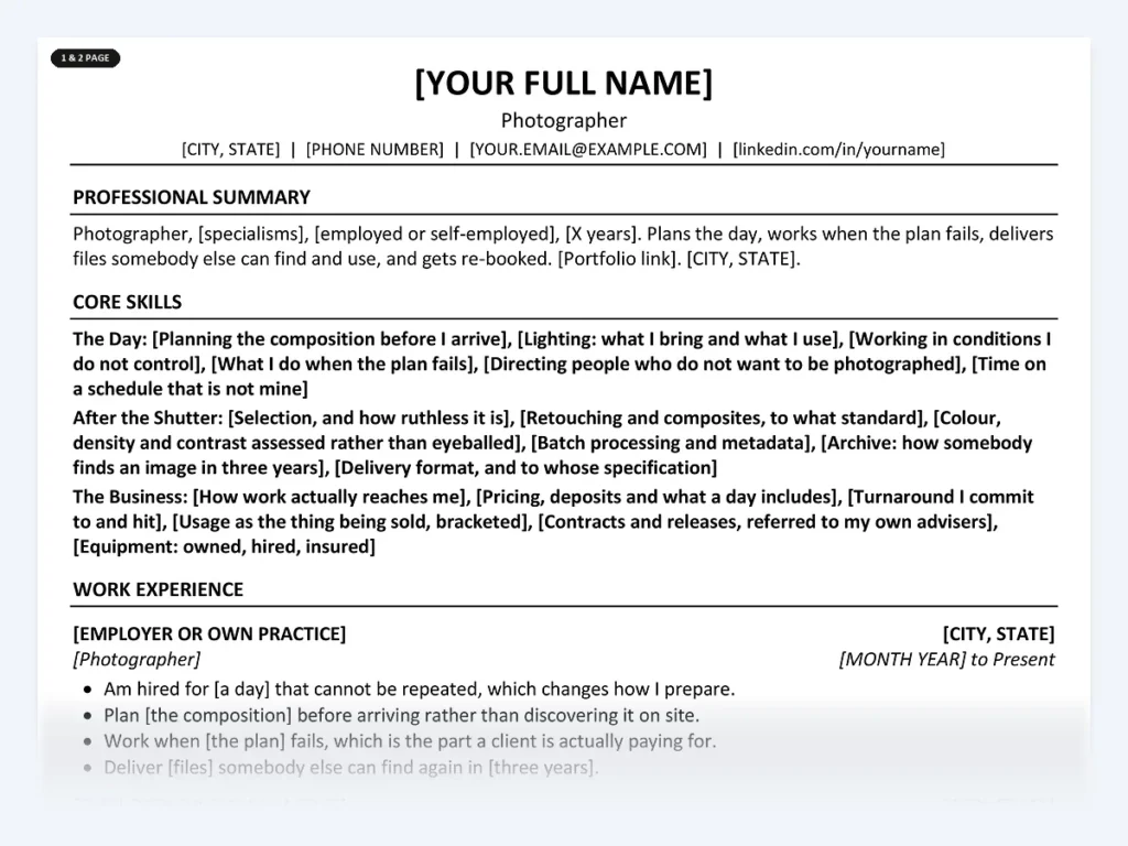 Photographer resume template, one page, ATS-friendly layout
