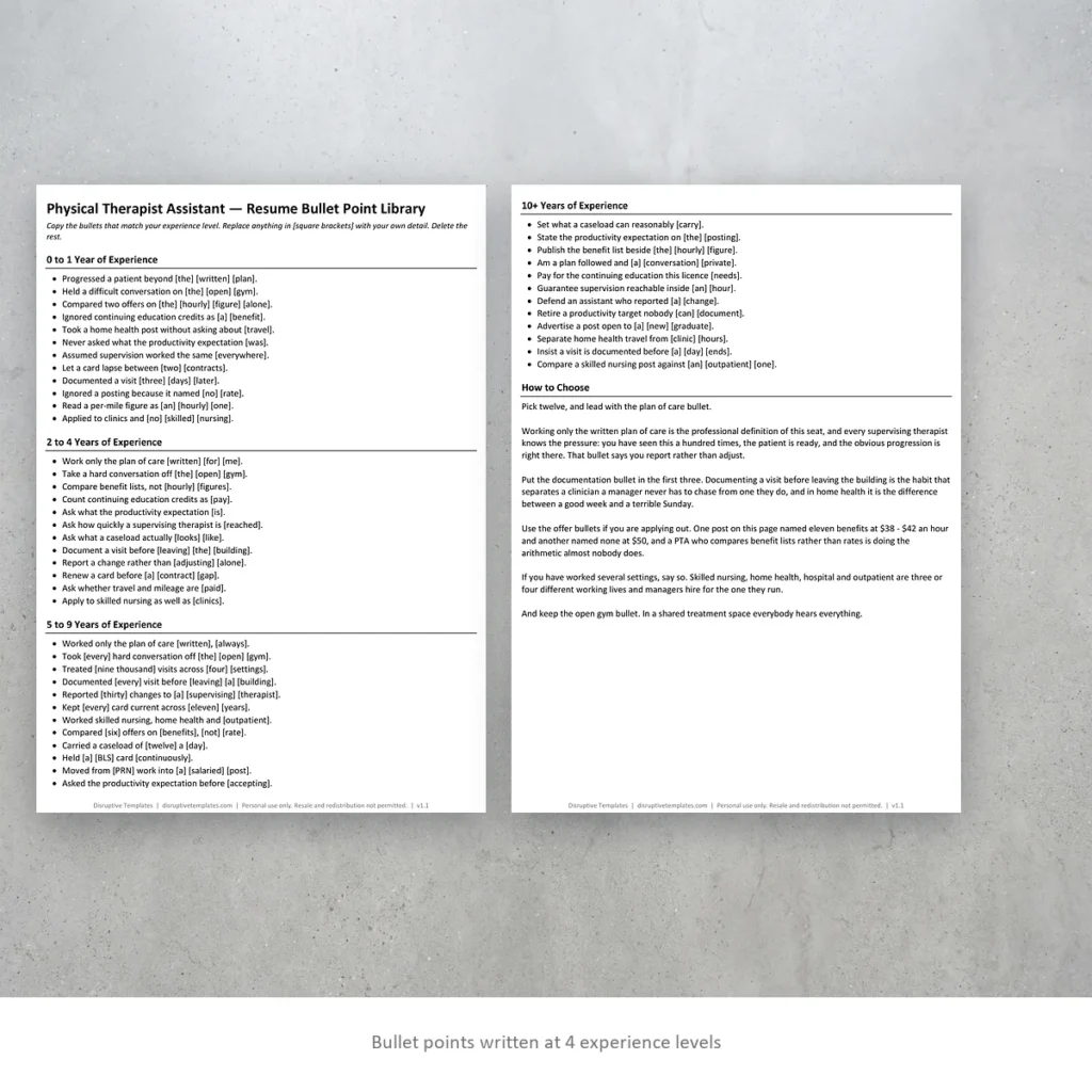 Physical Therapist Assistant resume bullet points written at four experience levels