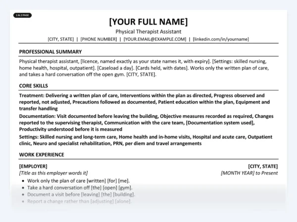 Physical Therapist Assistant resume template, one page, ATS-friendly layout