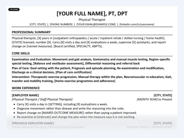 Physical Therapist resume template, one page, ATS-friendly layout