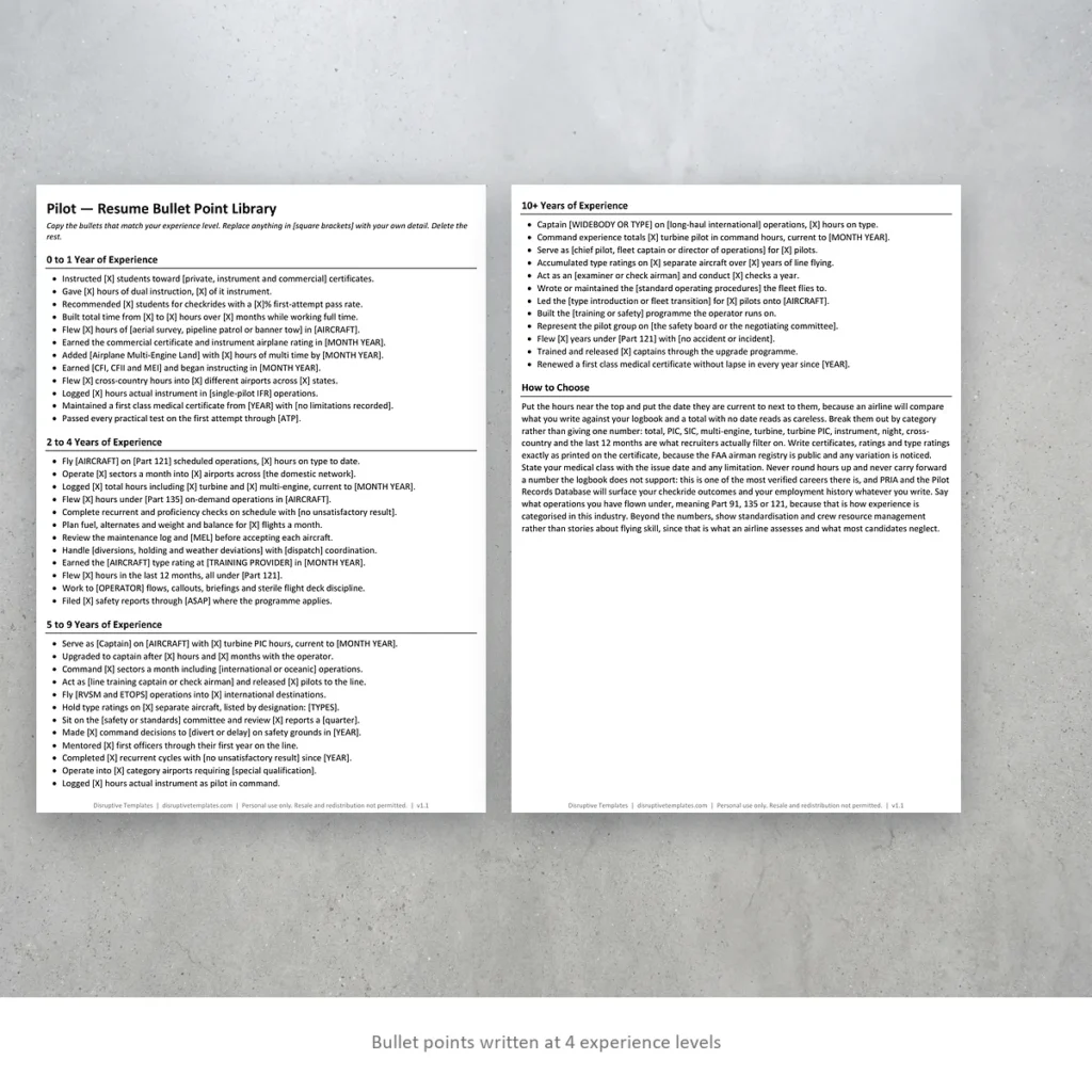 Pilot resume bullet points written at four experience levels
