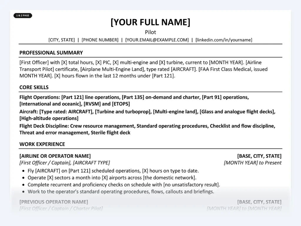 Pilot resume template, one page, ATS-friendly layout