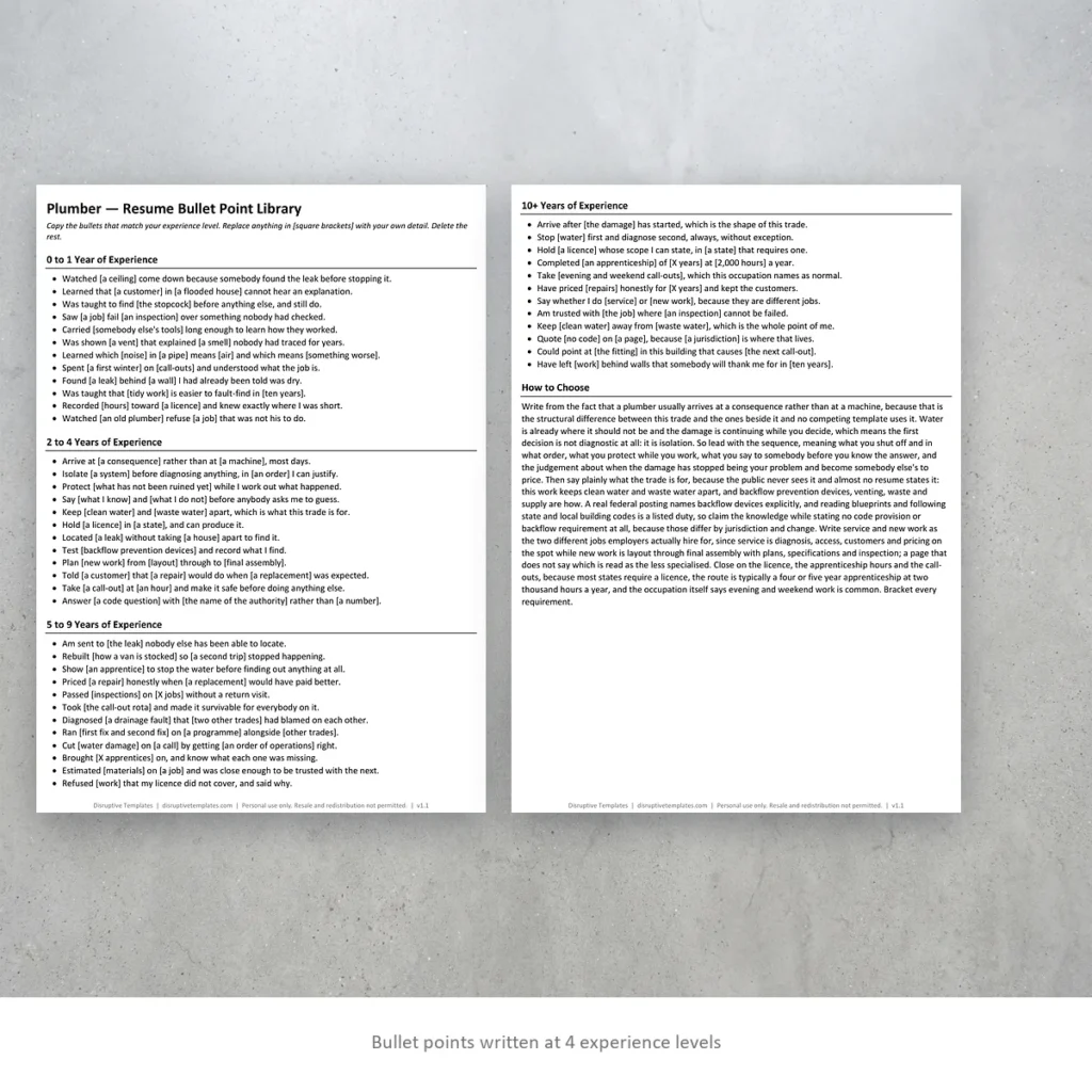 Plumber resume bullet points written at four experience levels