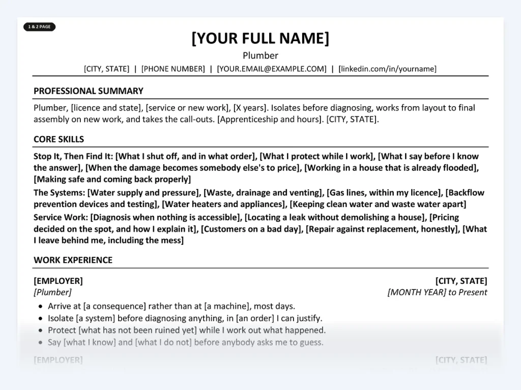 Plumber resume template, one page, ATS-friendly layout