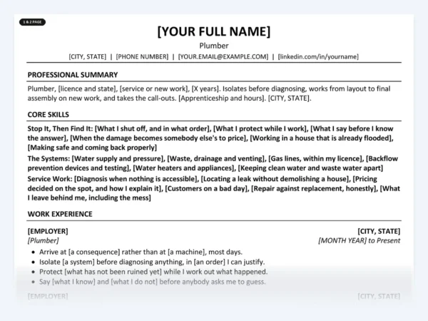 Plumber resume template, one page, ATS-friendly layout