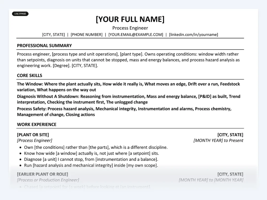 Process Engineer resume template, one page, ATS-friendly layout