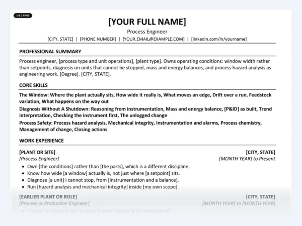 Process Engineer resume template, one page, ATS-friendly layout
