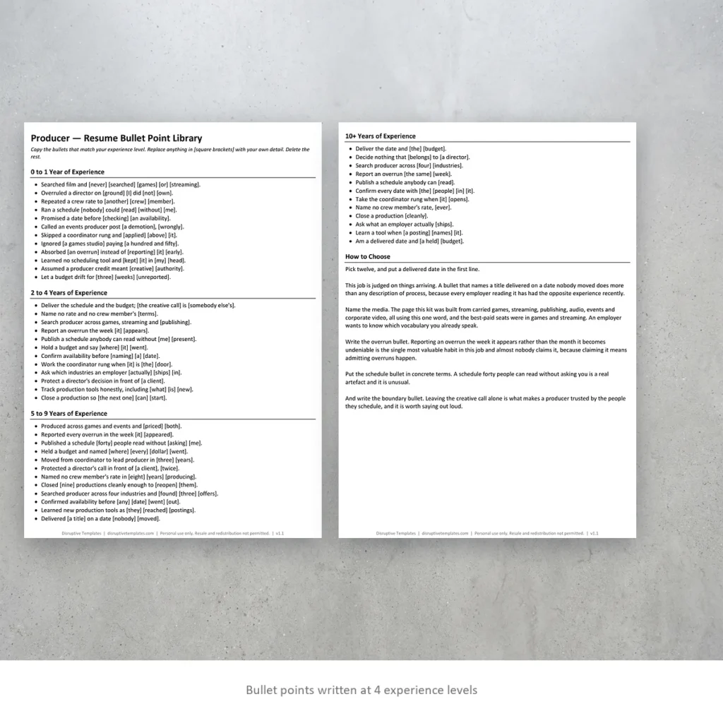Producer resume bullet points written at four experience levels