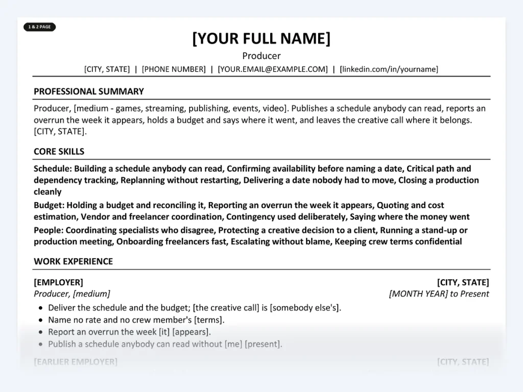 Producer resume template, one page, ATS-friendly layout