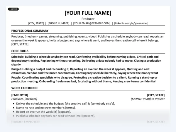Producer resume template, one page, ATS-friendly layout