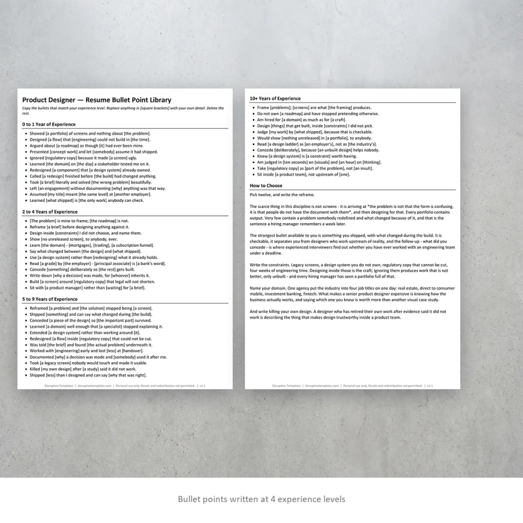 Product Designer resume bullet points written at four experience levels