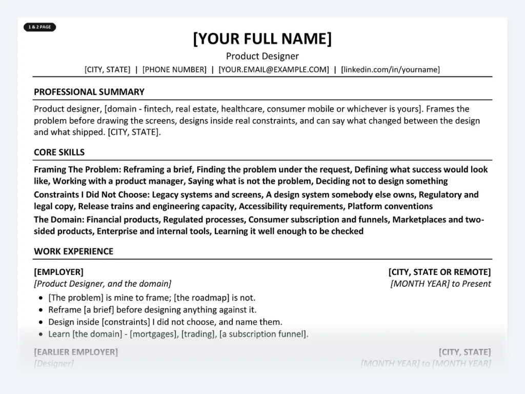 Product Designer resume template, one page, ATS-friendly layout