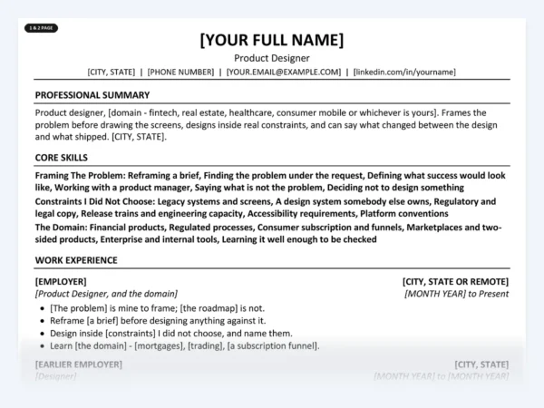 Product Designer resume template, one page, ATS-friendly layout