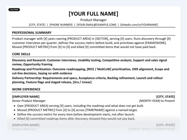 Product Manager resume template, one page, ATS-friendly layout