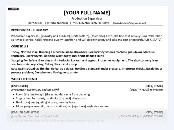 Production Supervisor resume template, one page, ATS-friendly layout