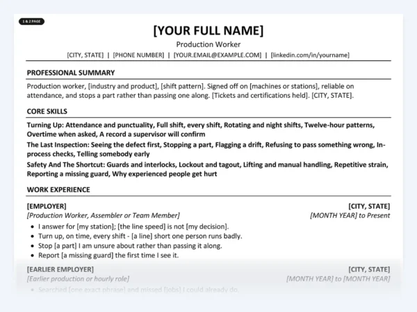 Production Worker resume template, one page, ATS-friendly layout