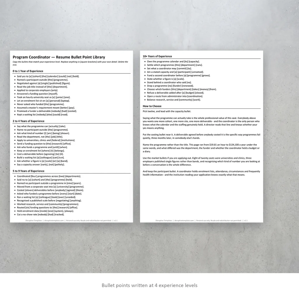 Program Coordinator resume bullet points written at four experience levels