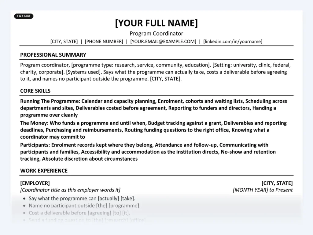 Program Coordinator resume template, one page, ATS-friendly layout