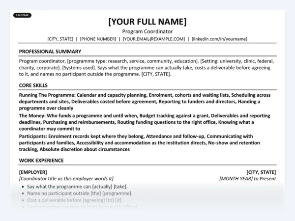 Program Coordinator resume template, one page, ATS-friendly layout