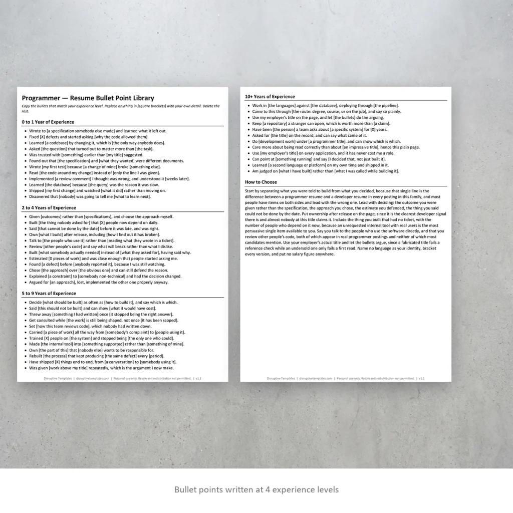 Programmer resume bullet points written at four experience levels