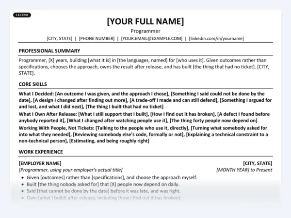 Programmer resume template, one page, ATS-friendly layout