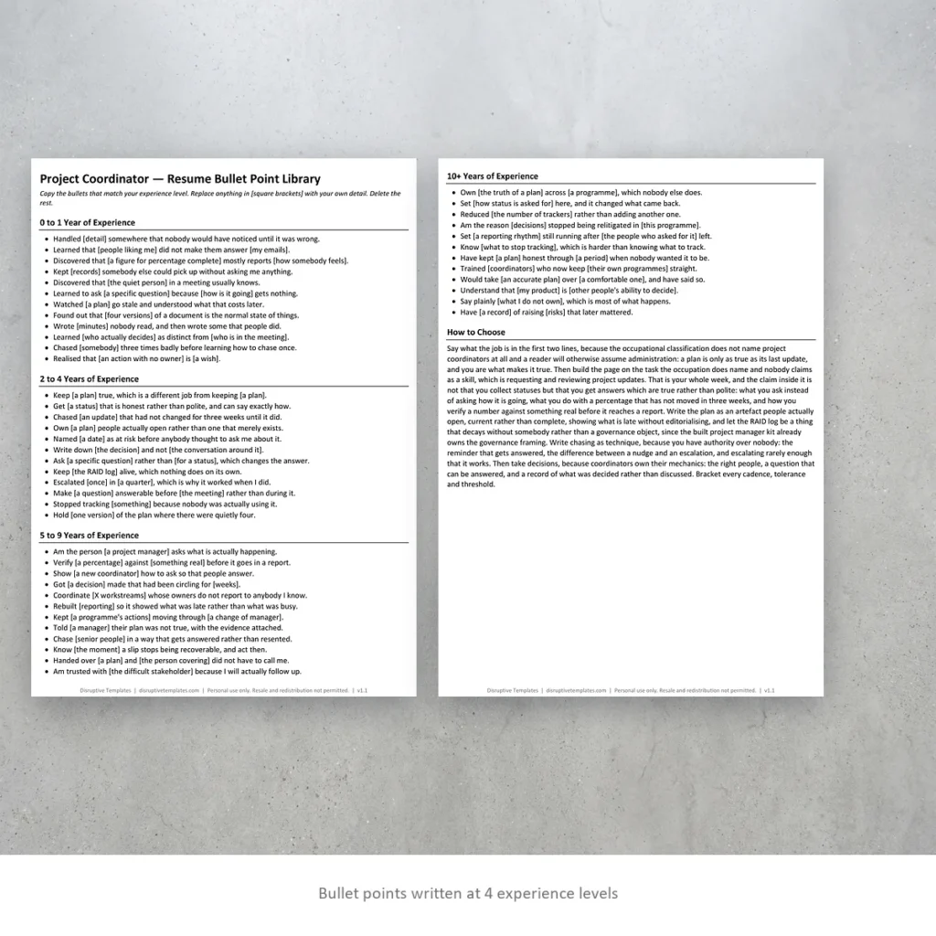 Project Coordinator resume bullet points written at four experience levels