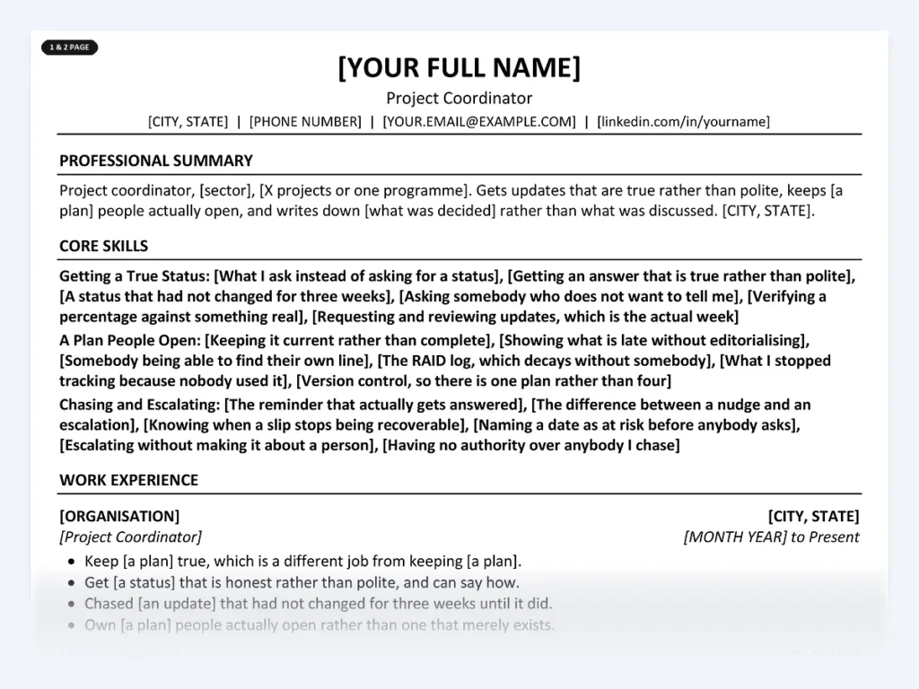 Project Coordinator resume template, one page, ATS-friendly layout